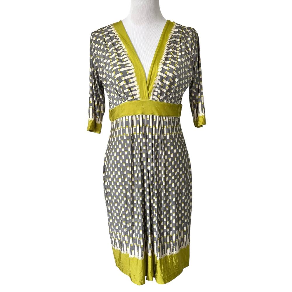 Bcbg Max Azria Dress Green Grey Geometric Print Deep V-Neck Stretch Knit Sz L